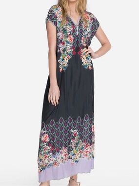 Johnny Was Black Maxi Dress with Multicolor Floral Embroidery and Lavender Hem